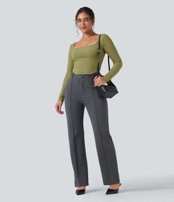 Ribbed Knit Square Neck Long Sleeve Curved Hem Work T-Shirt