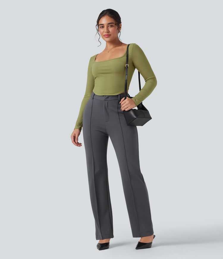 Ribbed Knit Square Neck Long Sleeve Curved Hem Work T-Shirt