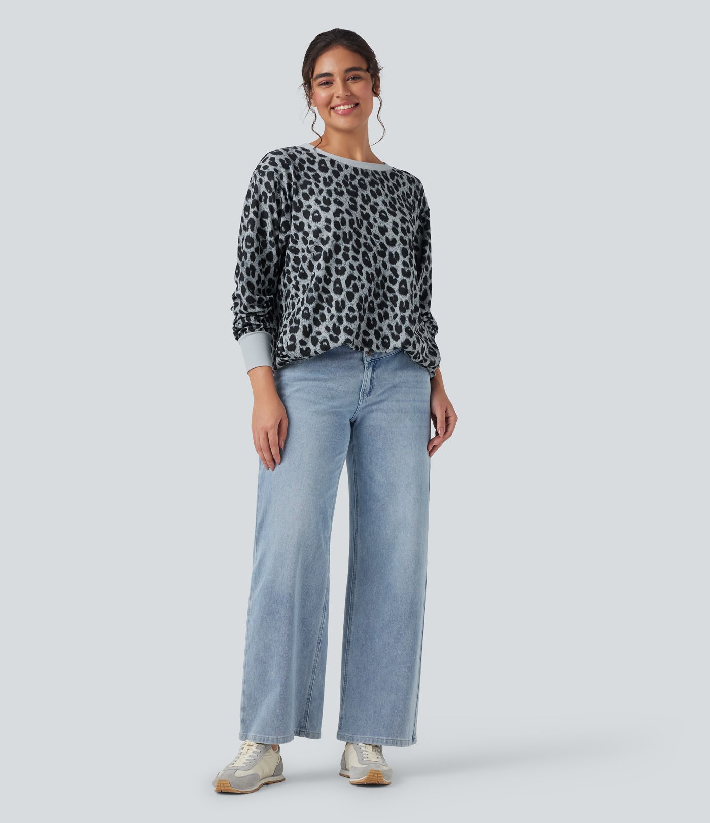 Sudadera casual extragrande de manga larga con cuello redondo y estampado de leopardo con bolsillos