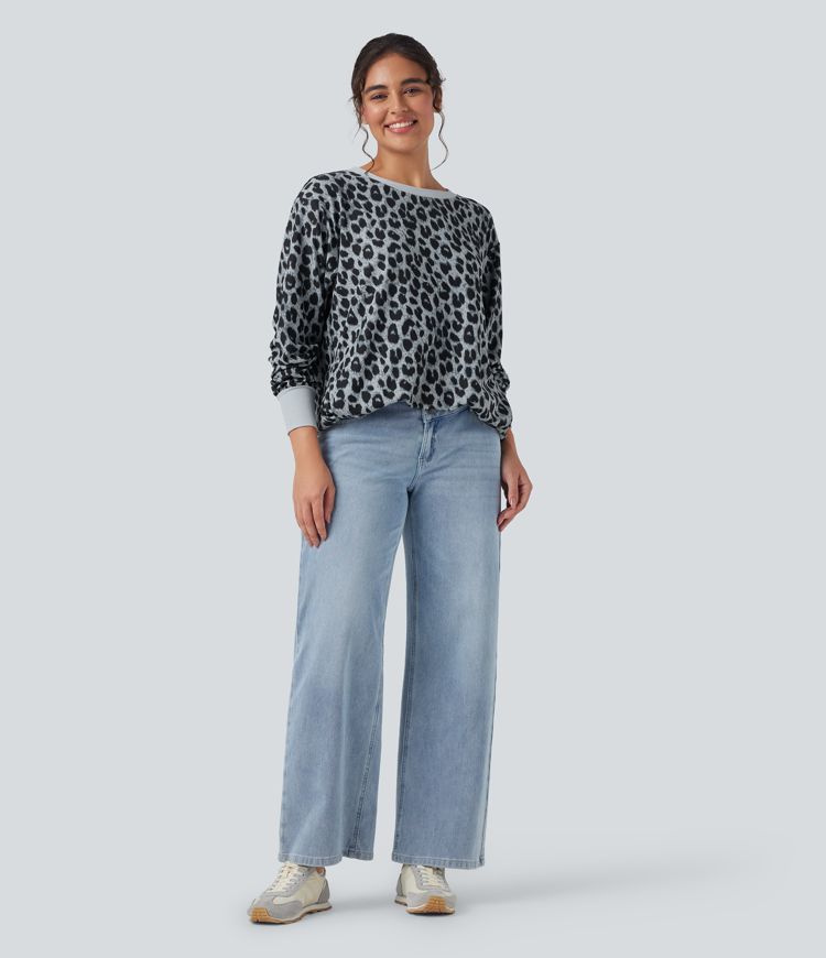 Sudadera casual extragrande de manga larga con cuello redondo y estampado de leopardo con bolsillos