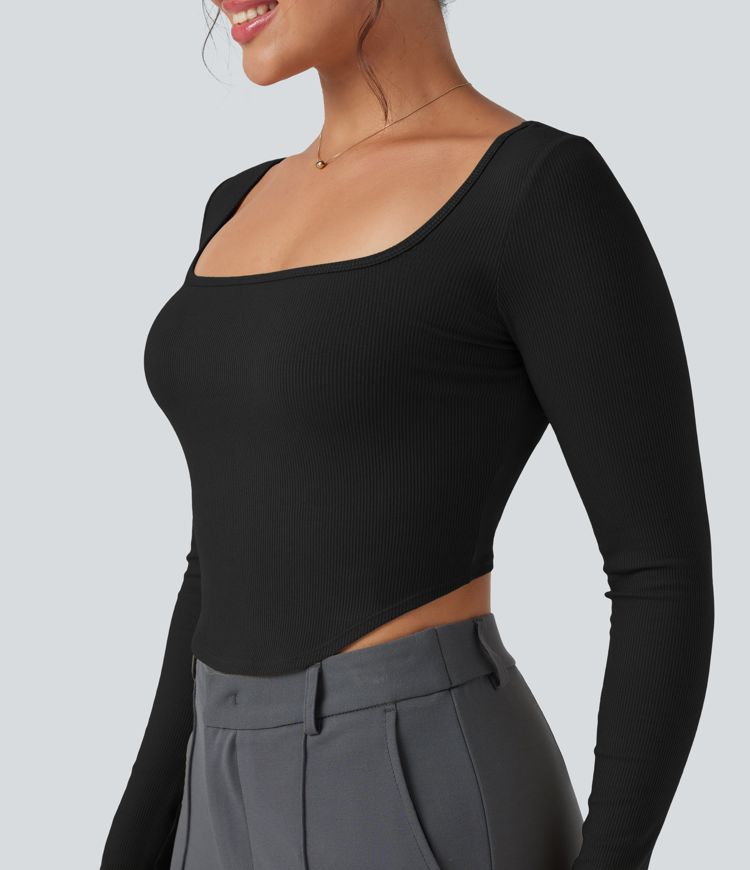 Camiseta de oficina de punto acanalado con cuello cuadrado de manga larga y dobladillo curvo