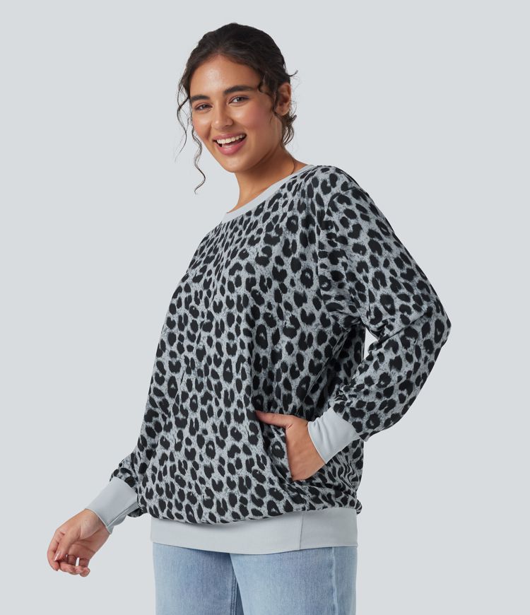 Sudadera casual extragrande de manga larga con cuello redondo y estampado de leopardo con bolsillos