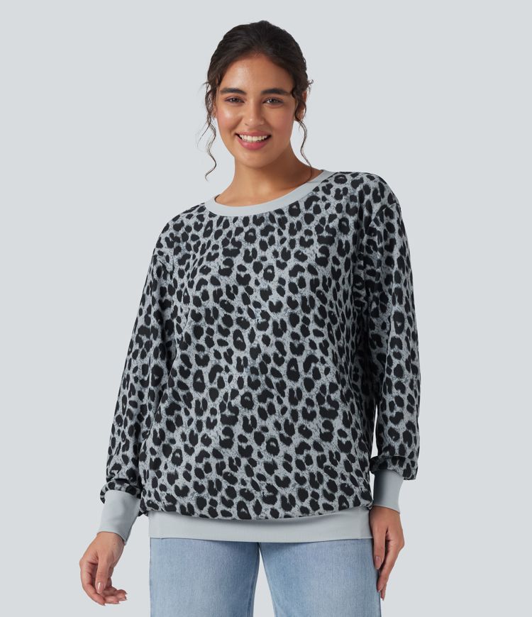 Sudadera casual extragrande de manga larga con cuello redondo y estampado de leopardo con bolsillos