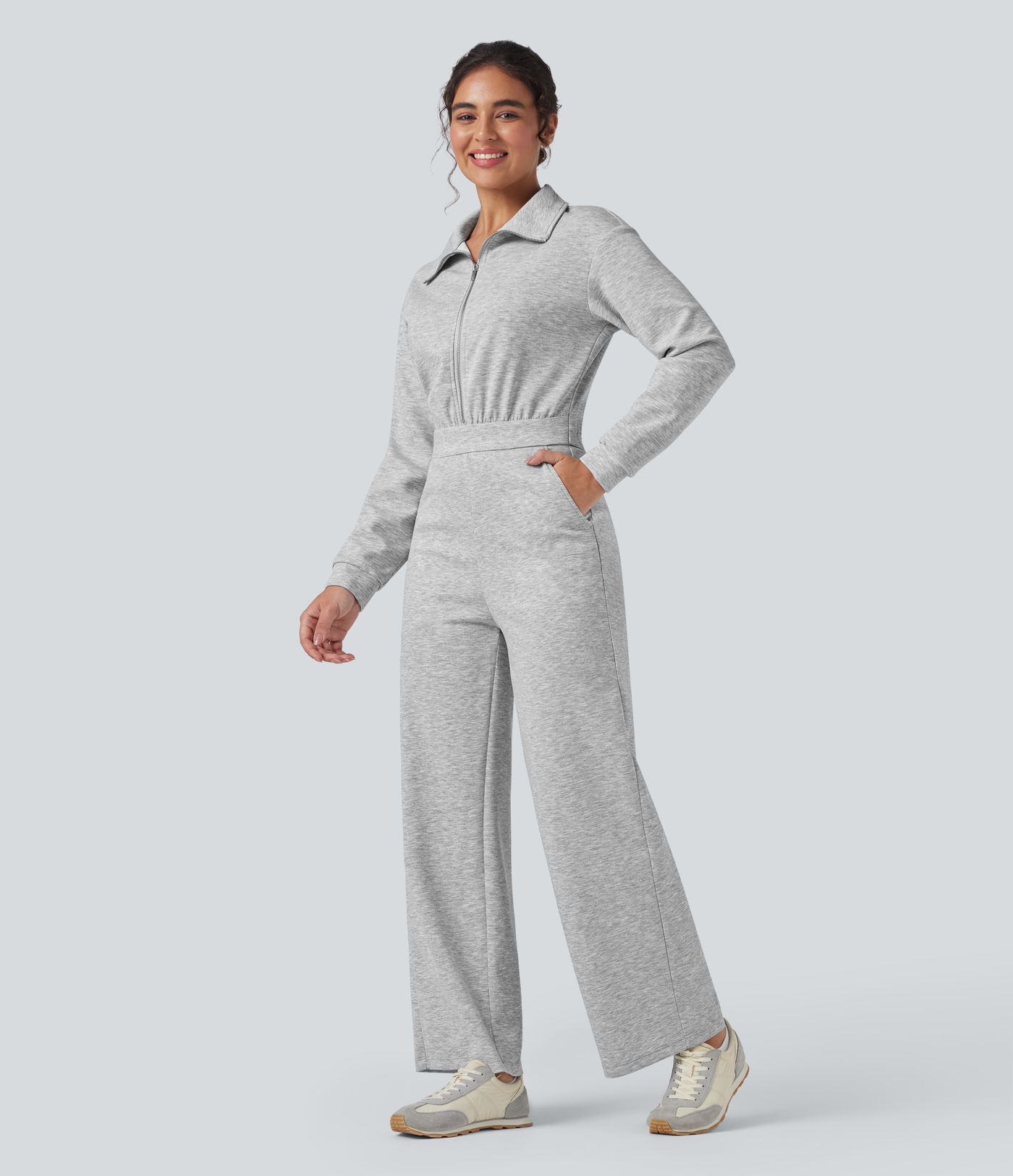 Lapel Zip Long Sleeve Casual Jumpsuit with Pockets-Easy Peezy