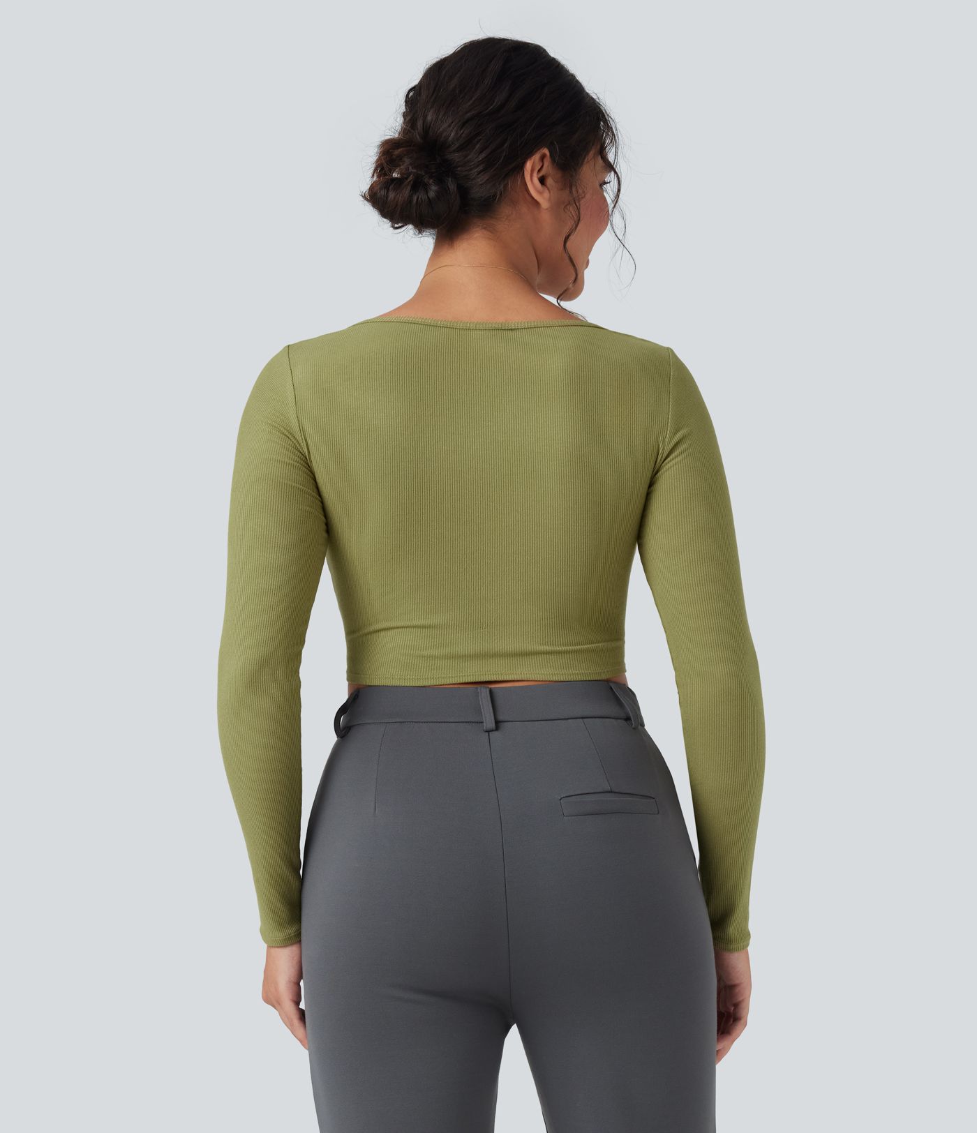 Ribbed Knit Square Neck Long Sleeve Curved Hem Work T-Shirt