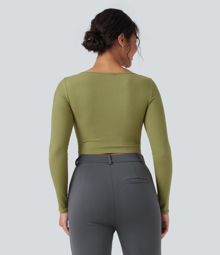 Ribbed Knit Square Neck Long Sleeve Curved Hem Work T-Shirt