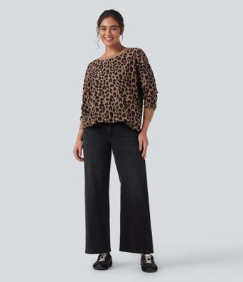 Round Neck Long Sleeve Leopard Waffle Oversized Casual Sweatshirt with Pockets