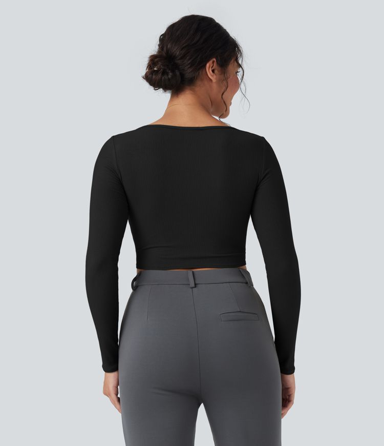 Camiseta de oficina de punto acanalado con cuello cuadrado de manga larga y dobladillo curvo