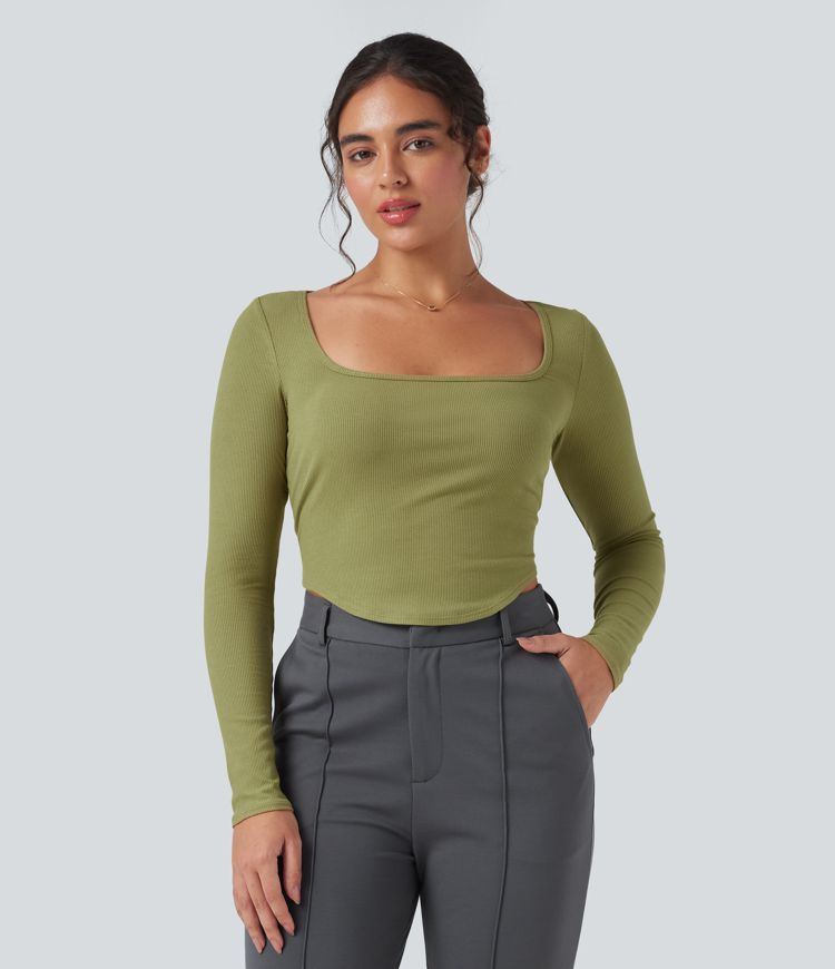Ribbed Knit Square Neck Long Sleeve Curved Hem Work T-Shirt