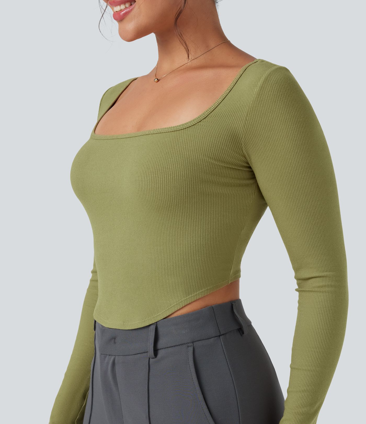 Ribbed Knit Square Neck Long Sleeve Curved Hem Work T-Shirt