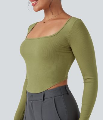Ribbed Knit Square Neck Long Sleeve Curved Hem Work T-Shirt