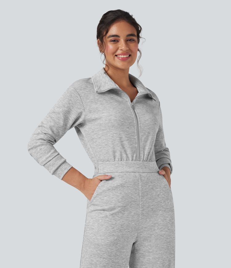Lapel Zip Long Sleeve Casual Jumpsuit with Pockets-Easy Peezy