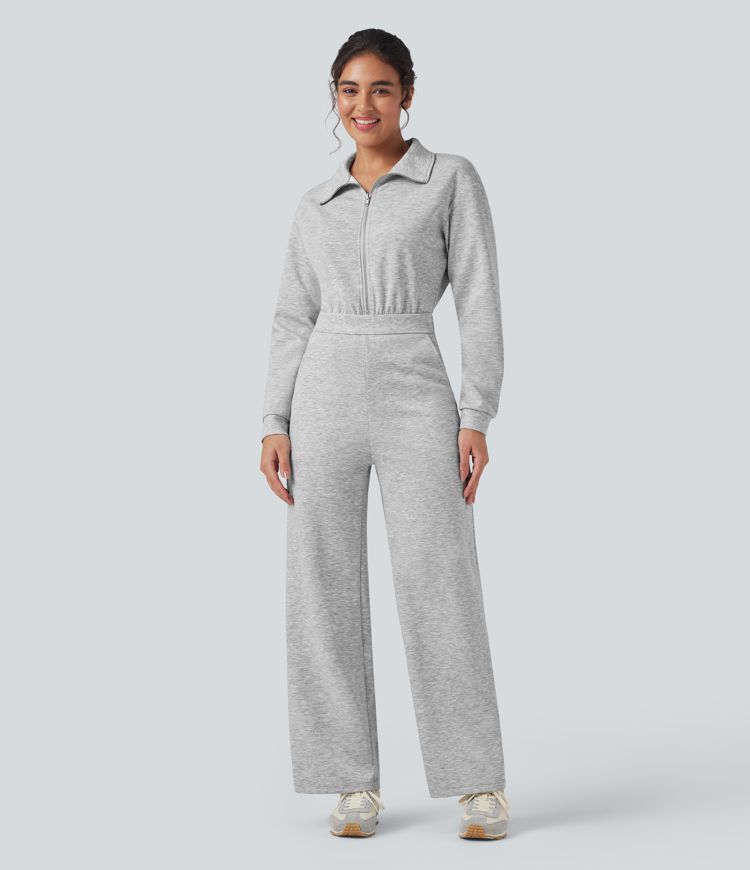 Jumpsuit casual de manga larga con solapa y cremallera y bolsillos - Easy Peezy