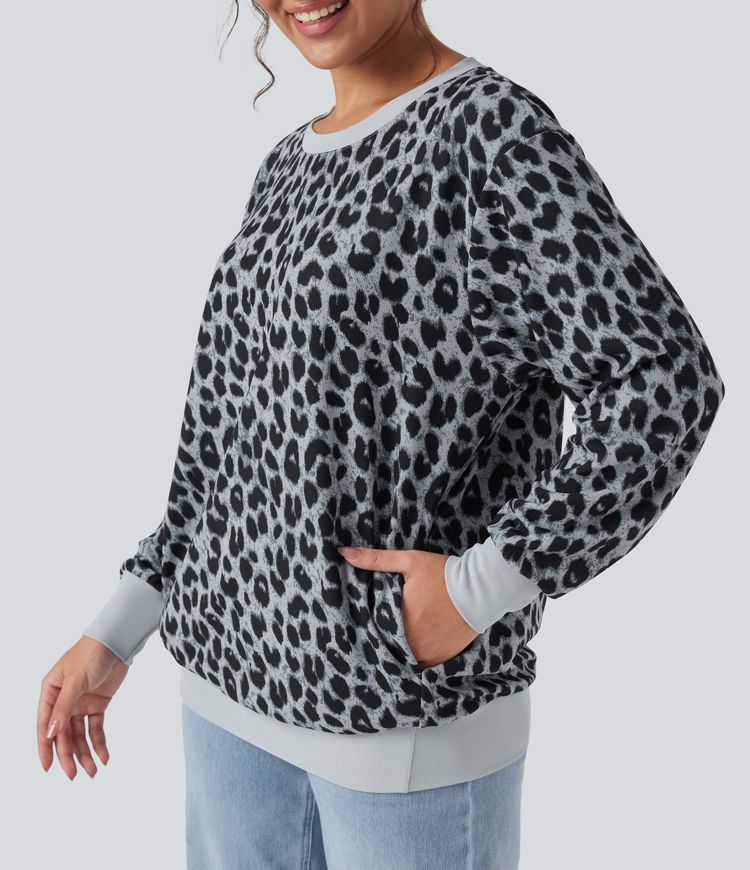 Sudadera casual extragrande de manga larga con cuello redondo y estampado de leopardo con bolsillos