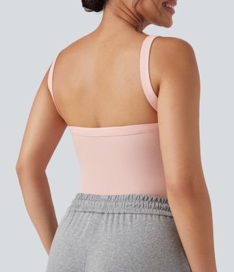 Ribbed Knit Square Neck Sleeveless Skinny Casual Bodysuit