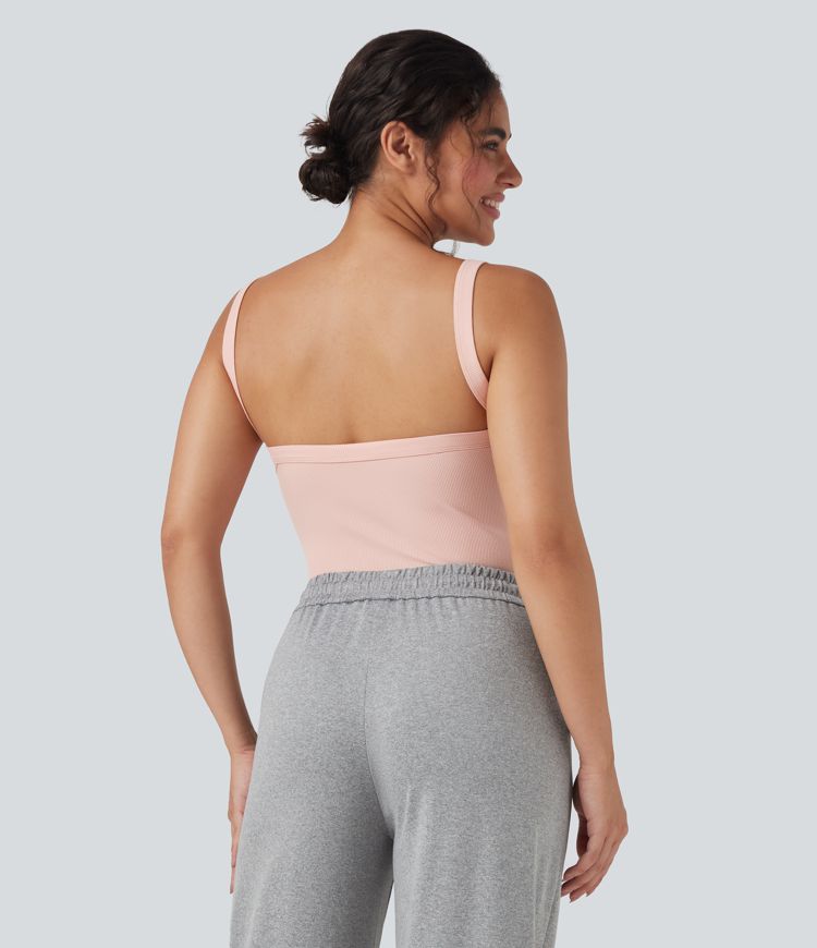 Ribbed Knit Square Neck Sleeveless Skinny Casual Bodysuit