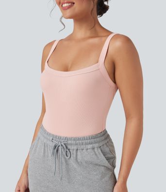 Ribbed Knit Square Neck Sleeveless Skinny Casual Bodysuit