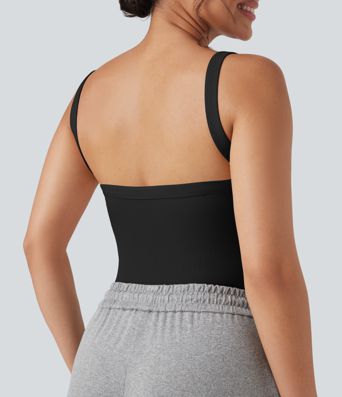 Ribbed Knit Square Neck Sleeveless Skinny Casual Bodysuit