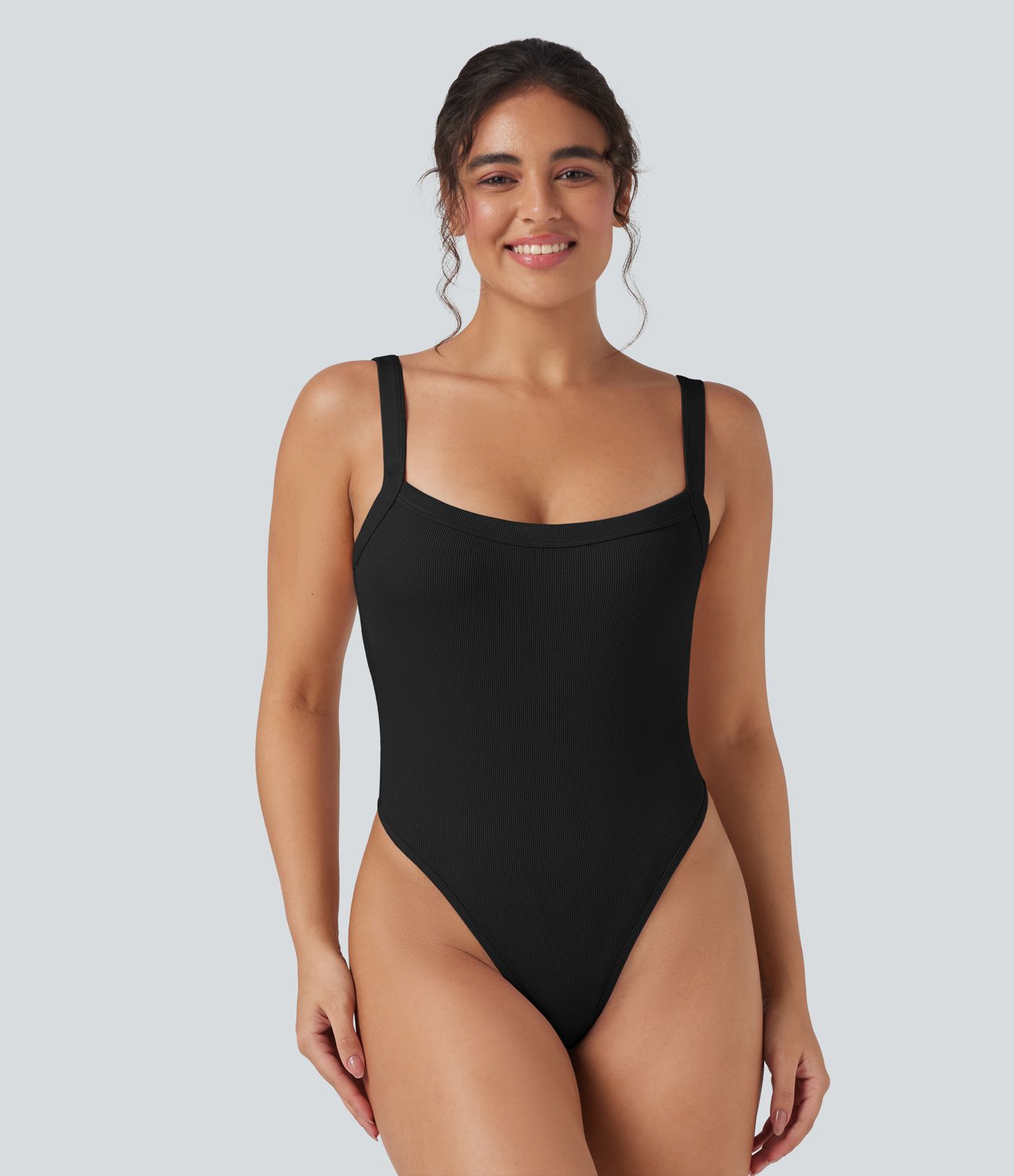 Ribbed Knit Square Neck Sleeveless Skinny Casual Bodysuit