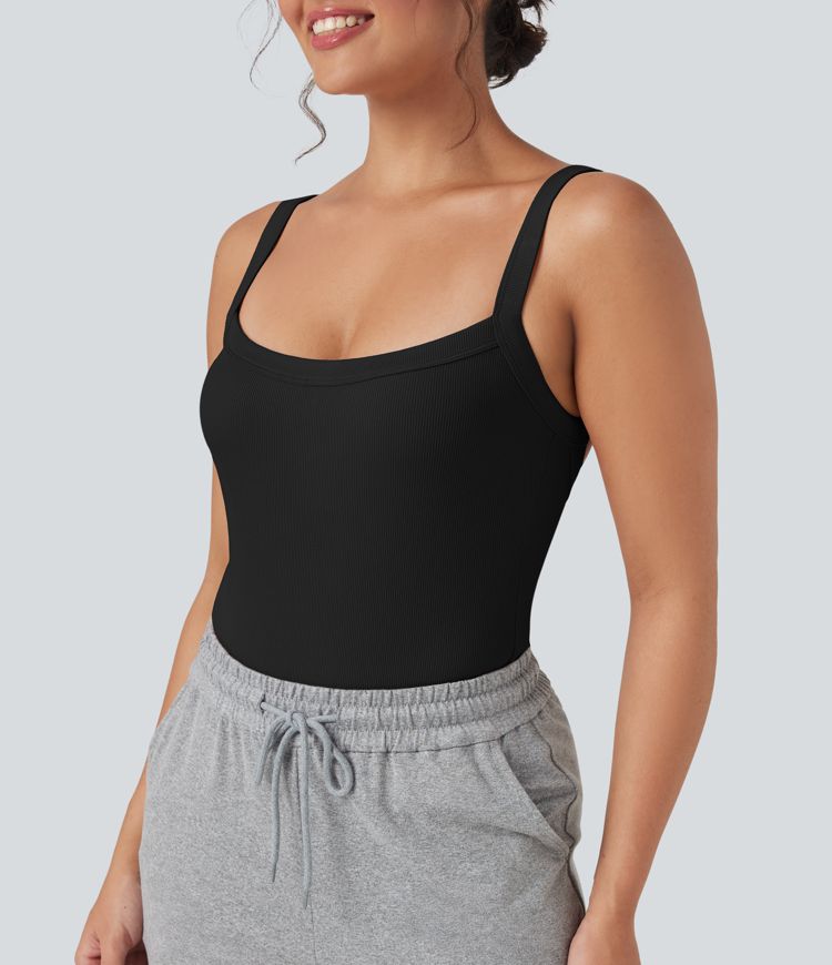 Ribbed Knit Square Neck Sleeveless Skinny Casual Bodysuit