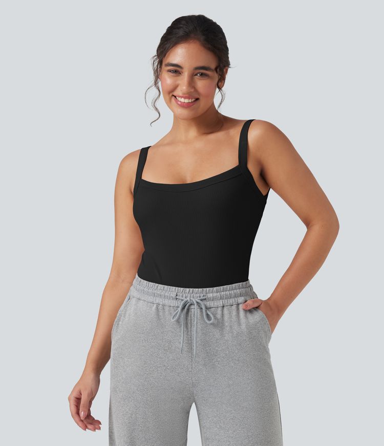 Ribbed Knit Square Neck Sleeveless Skinny Casual Bodysuit