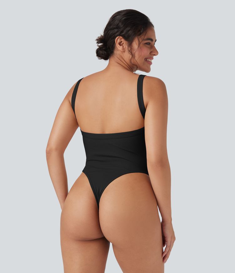 Ribbed Knit Square Neck Sleeveless Skinny Casual Bodysuit