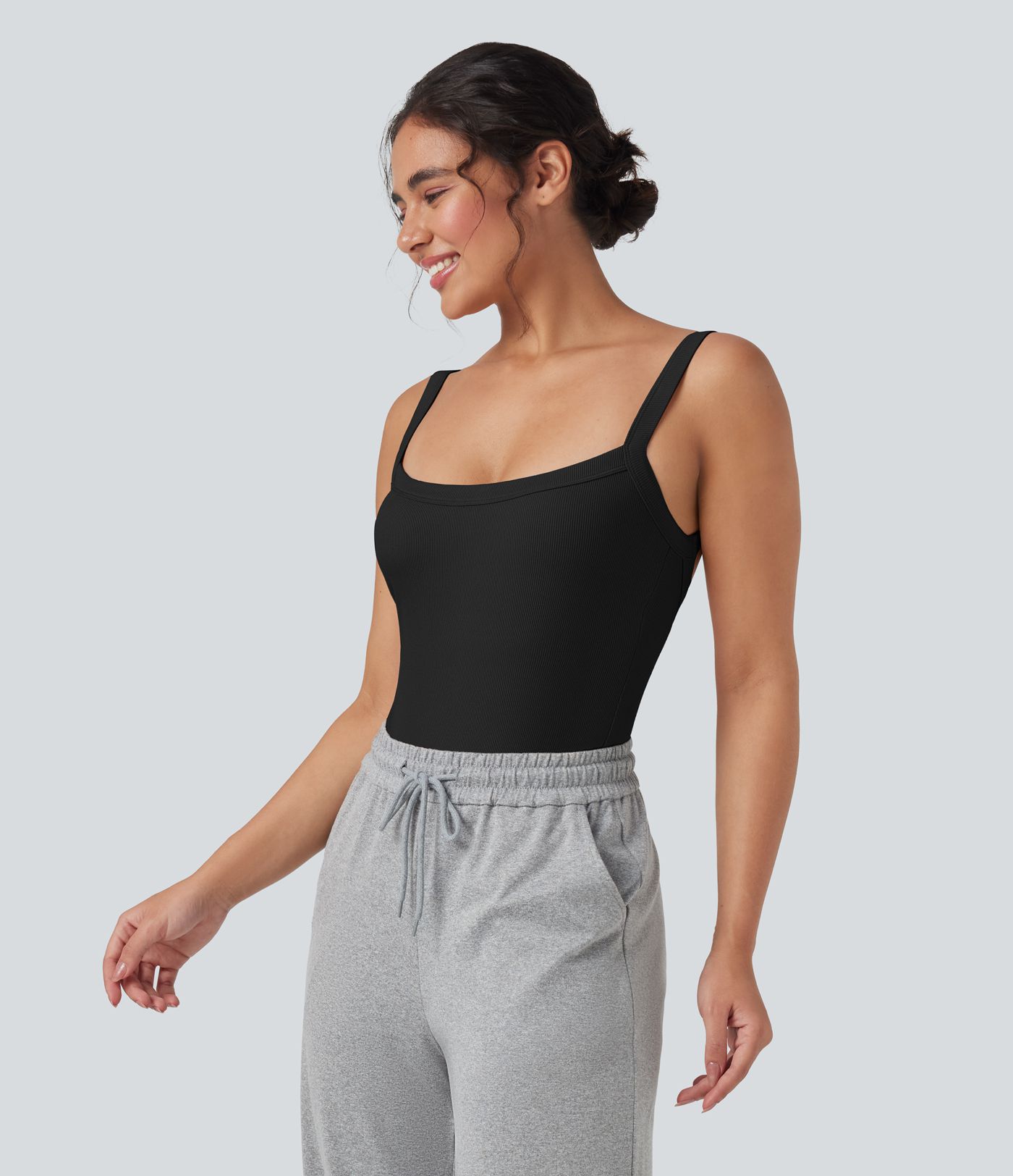 Ribbed Knit Square Neck Sleeveless Skinny Casual Bodysuit