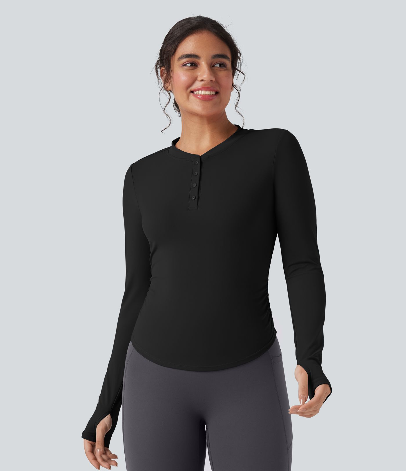 SoftlyZero™ Plush Henley Long Sleeve Thumb Holes Ruched Curved Hem Yoga Sports Top