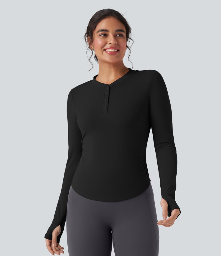 SoftlyZero™ Plush Henley Long Sleeve Thumb Holes Ruched Curved Hem Yoga Sports Top