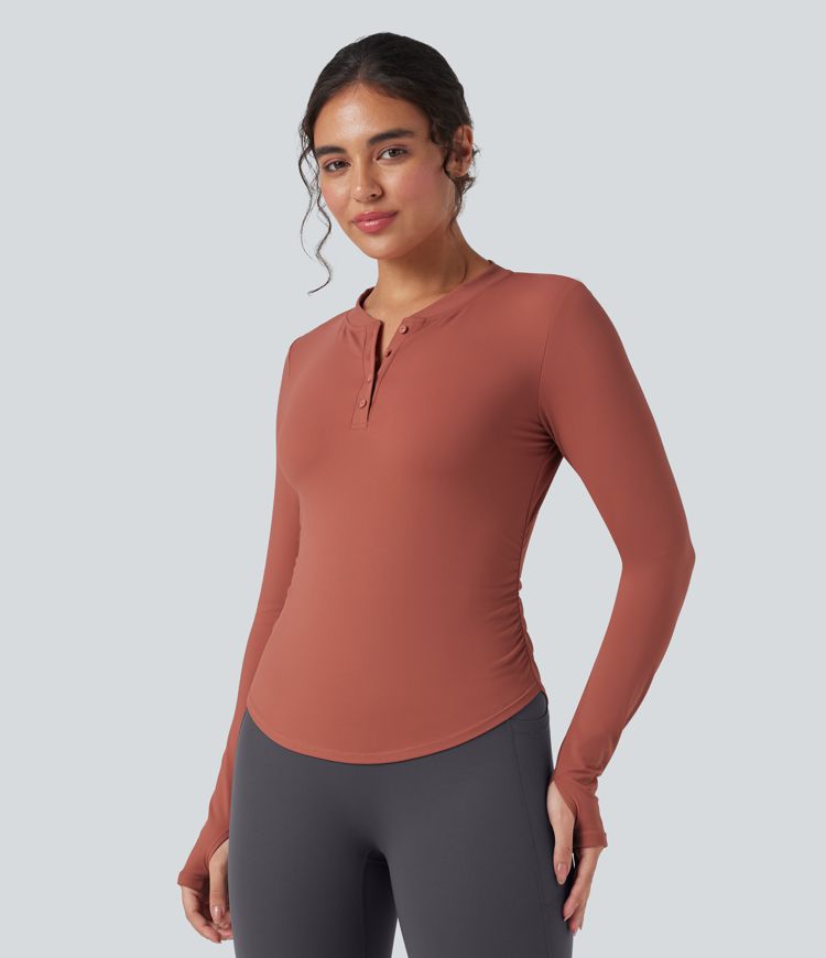 SoftlyZero™ Plush Henley Long Sleeve Thumb Holes Ruched Curved Hem Yoga Sports Top