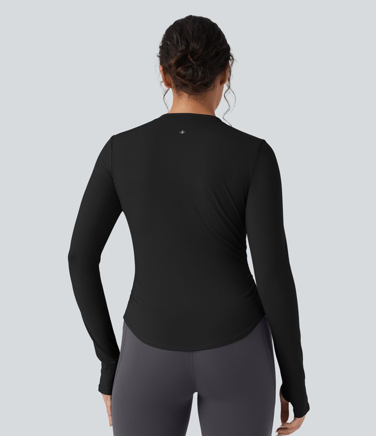 SoftlyZero™ Plush Henley Long Sleeve Thumb Holes Ruched Curved Hem Yoga Sports Top