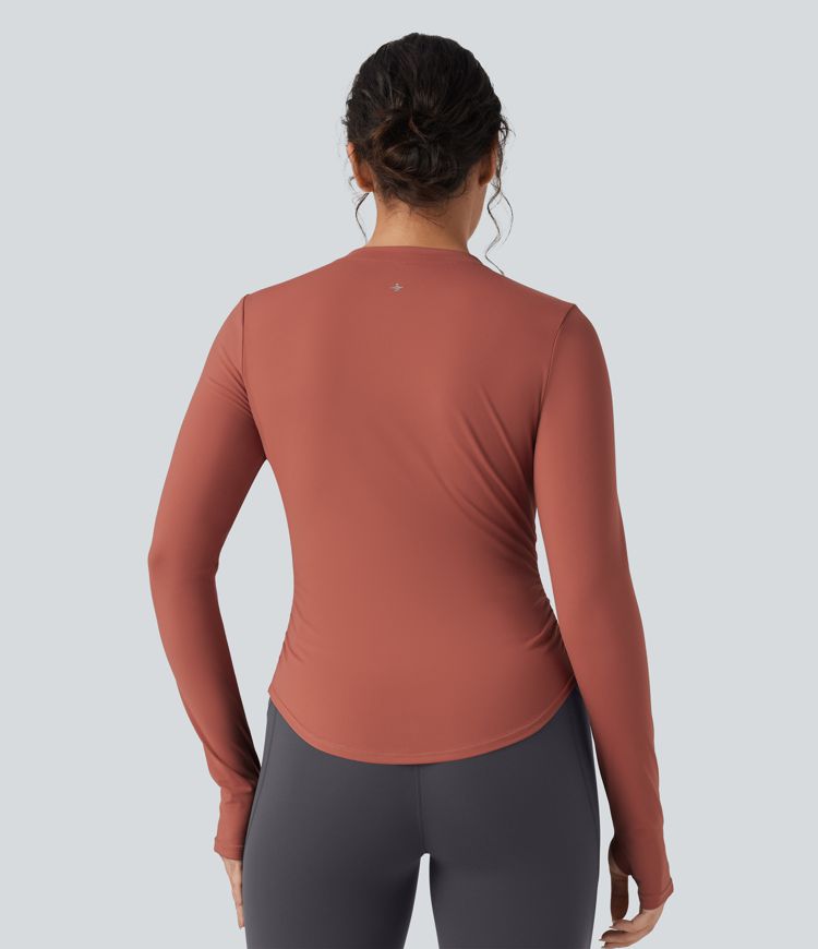 SoftlyZero™ Plush Henley Long Sleeve Thumb Holes Ruched Curved Hem Yoga Sports Top