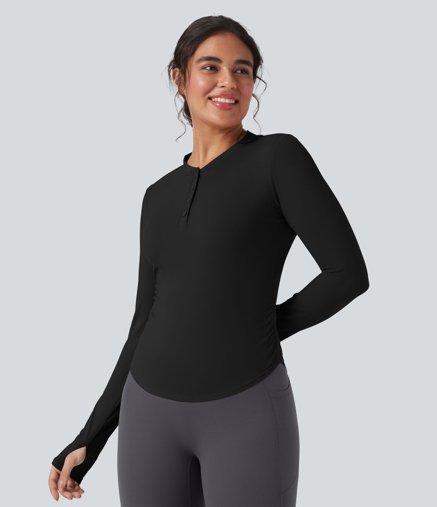 SoftlyZero™ Plush Henley Long Sleeve Thumb Holes Ruched Curved Hem Yoga Sports Top