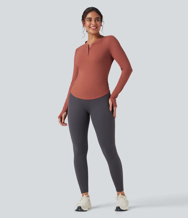SoftlyZero™ Plush Henley Long Sleeve Thumb Holes Ruched Curved Hem Yoga Sports Top