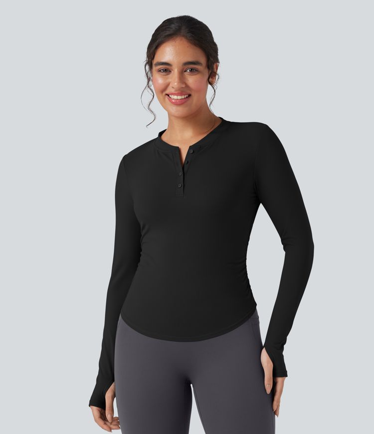 SoftlyZero™ Plush Henley Long Sleeve Thumb Holes Ruched Curved Hem Yoga Sports Top