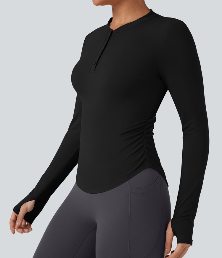 SoftlyZero™ Plush Henley Long Sleeve Thumb Holes Ruched Curved Hem Yoga Sports Top