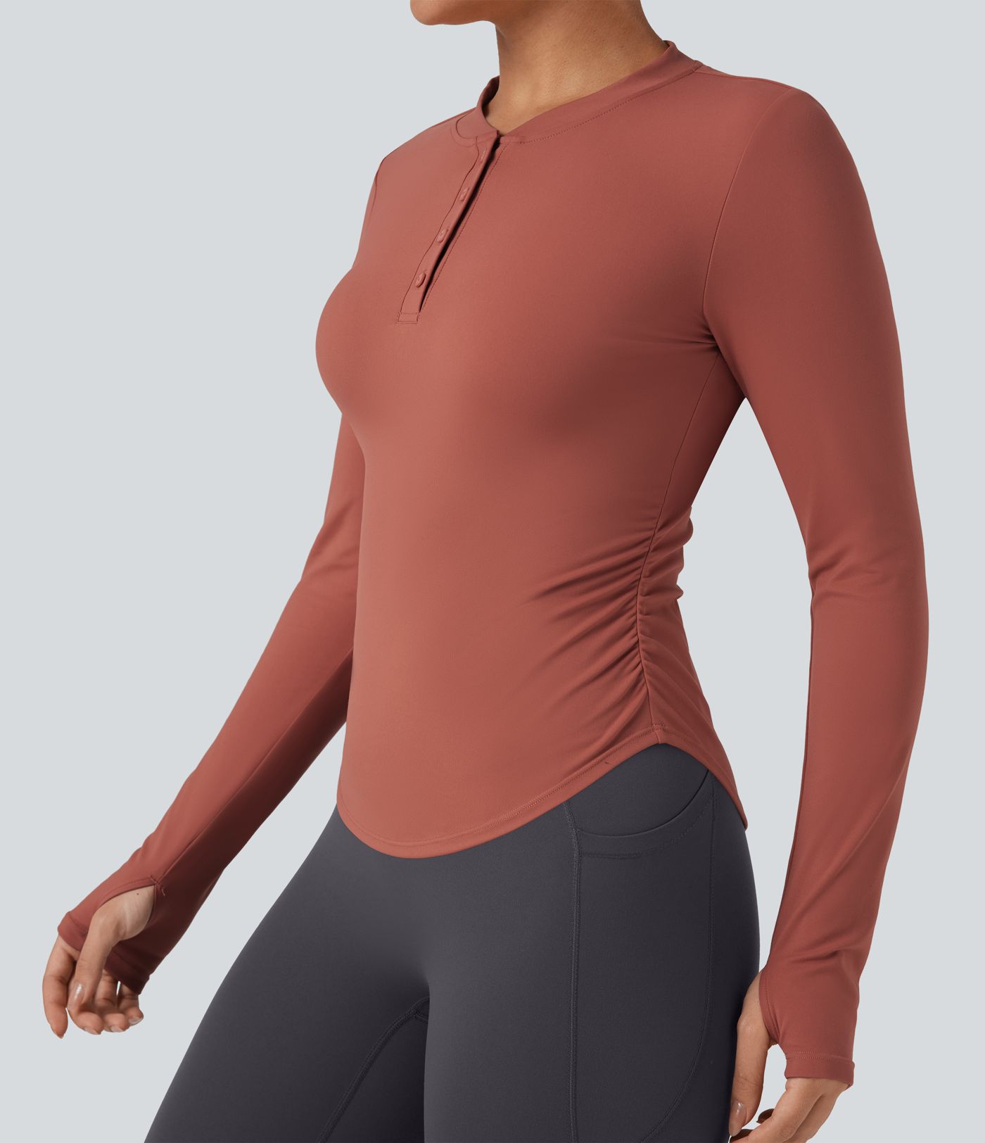 SoftlyZero™ Plush Henley Long Sleeve Thumb Holes Ruched Curved Hem Yoga Sports Top