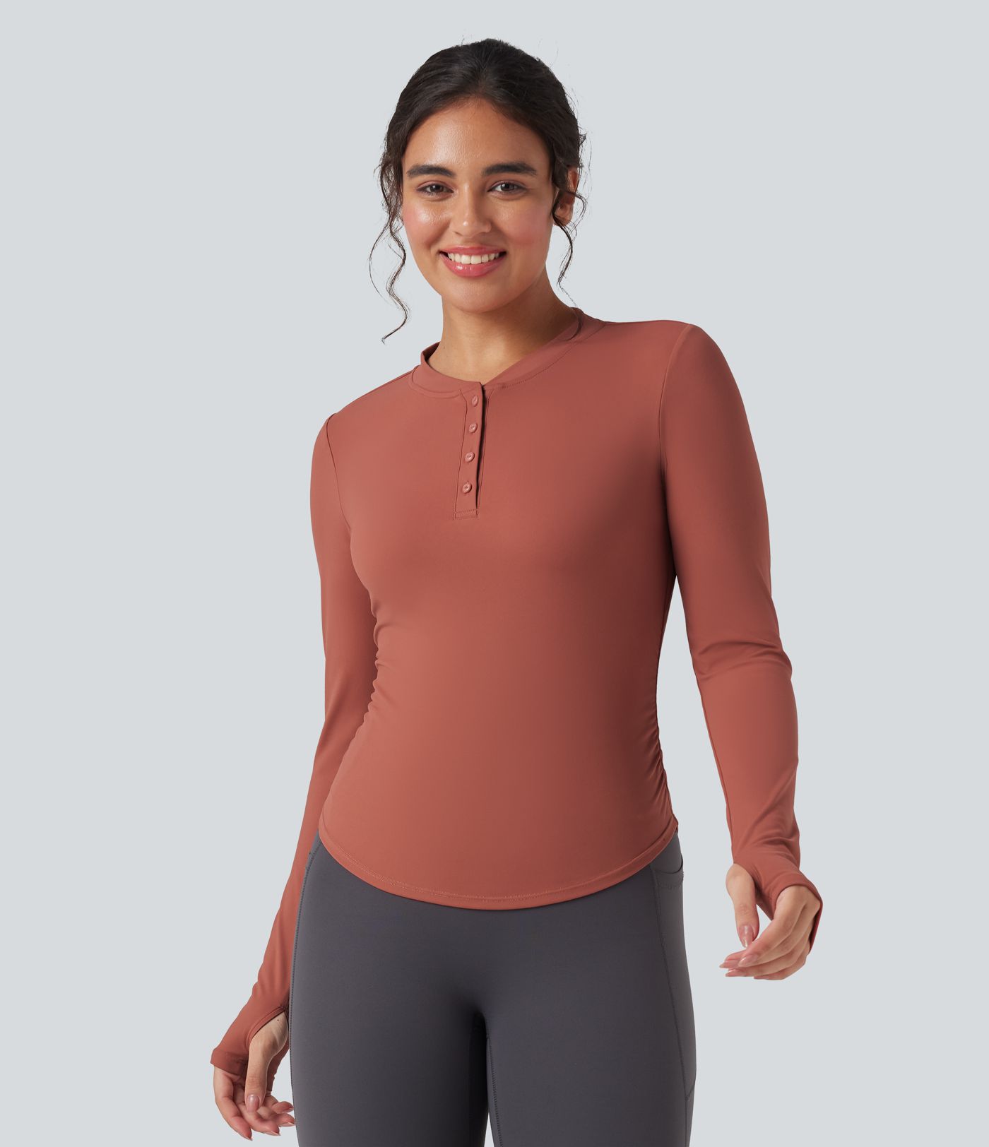 SoftlyZero™ Plush Henley Long Sleeve Thumb Holes Ruched Curved Hem Yoga Sports Top
