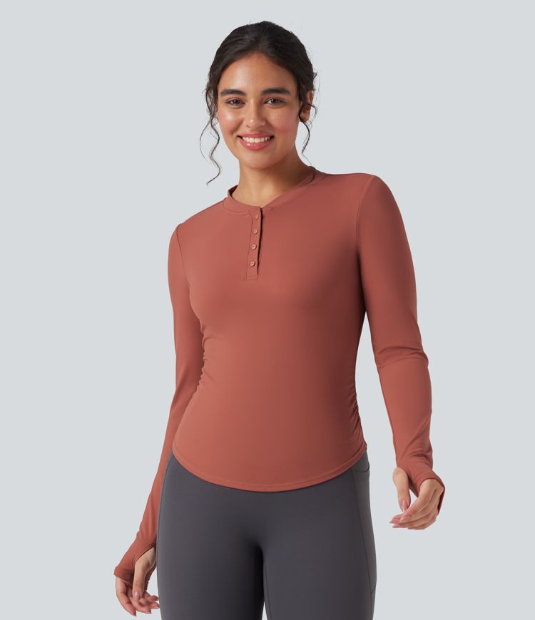 SoftlyZero™ Plush Henley Long Sleeve Thumb Holes Ruched Curved Hem Yoga Sports Top