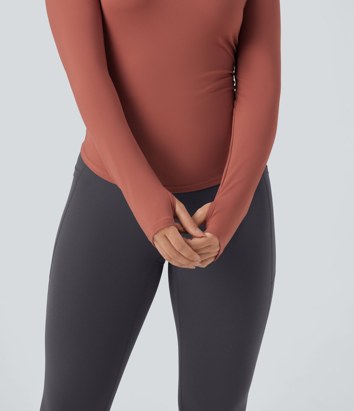 SoftlyZero™ Plush Henley Long Sleeve Thumb Holes Ruched Curved Hem Yoga Sports Top