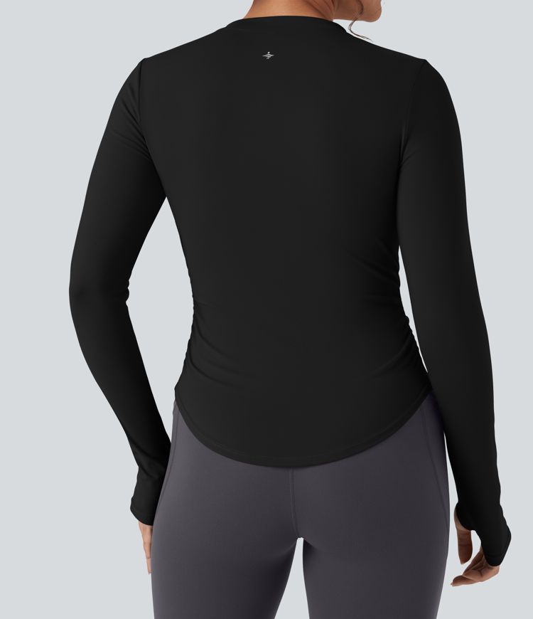 SoftlyZero™ Plush Henley Long Sleeve Thumb Holes Ruched Curved Hem Yoga Sports Top