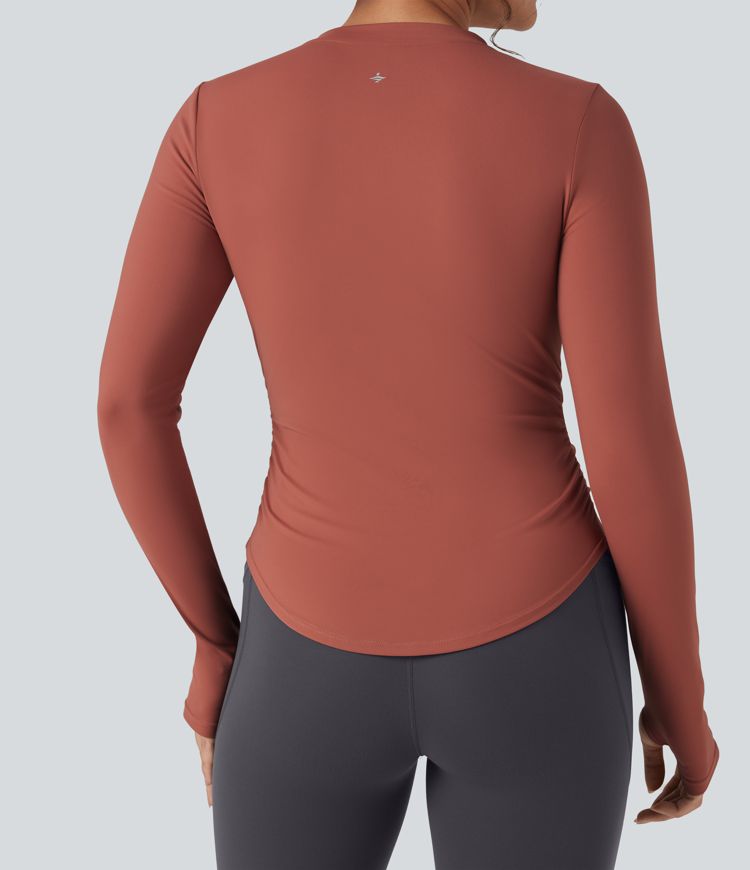 SoftlyZero™ Plush Henley Long Sleeve Thumb Holes Ruched Curved Hem Yoga Sports Top