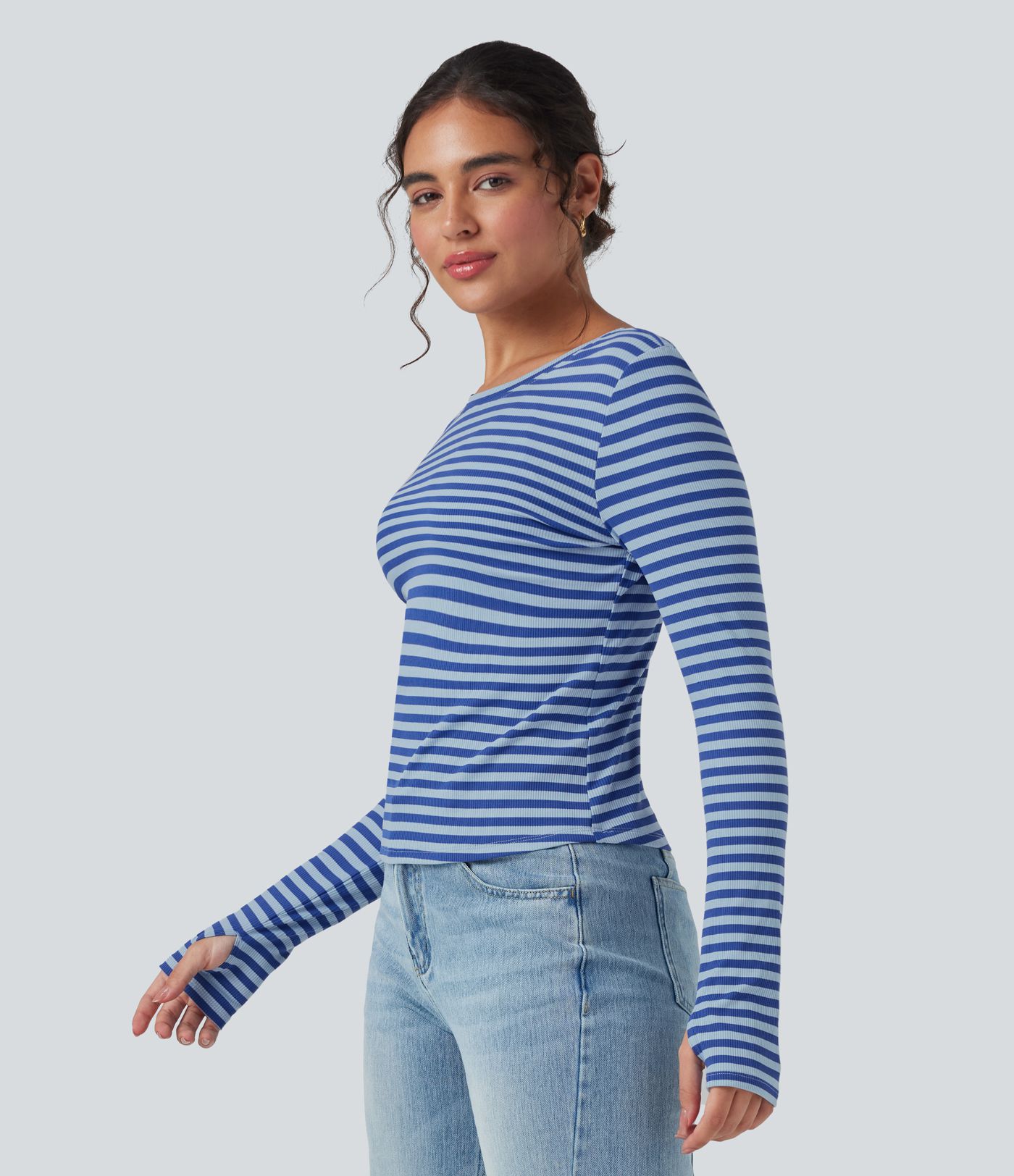 Boat Neck Long Sleeve Thumb Hole Stripe Casual Top