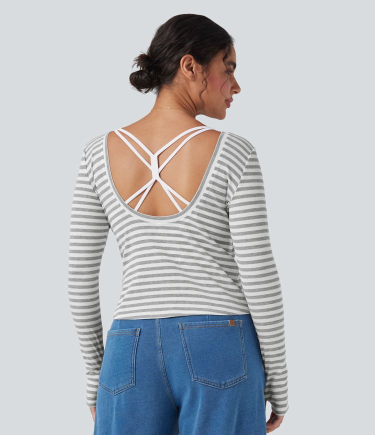 Boat Neck Long Sleeve Thumb Hole Stripe Casual Top