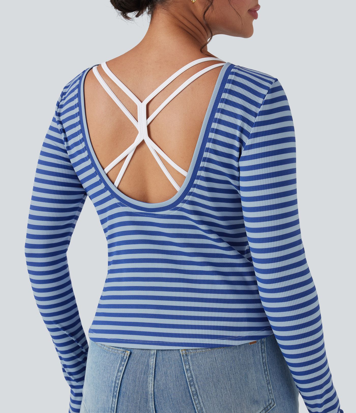 Boat Neck Long Sleeve Thumb Hole Stripe Casual Top