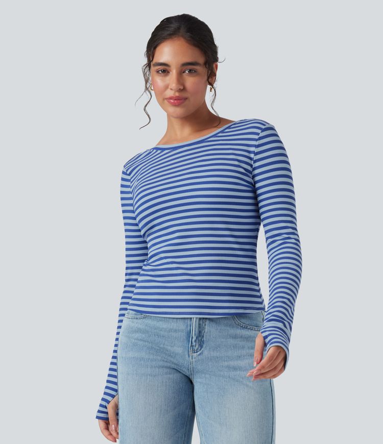 Boat Neck Long Sleeve Thumb Hole Stripe Casual Top