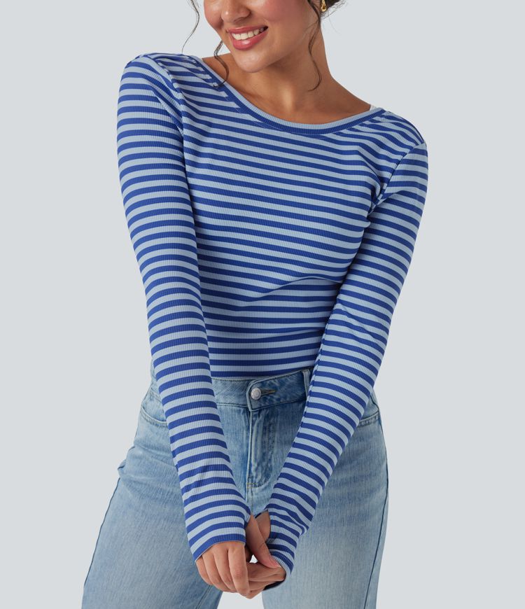 Boat Neck Long Sleeve Thumb Hole Stripe Casual Top