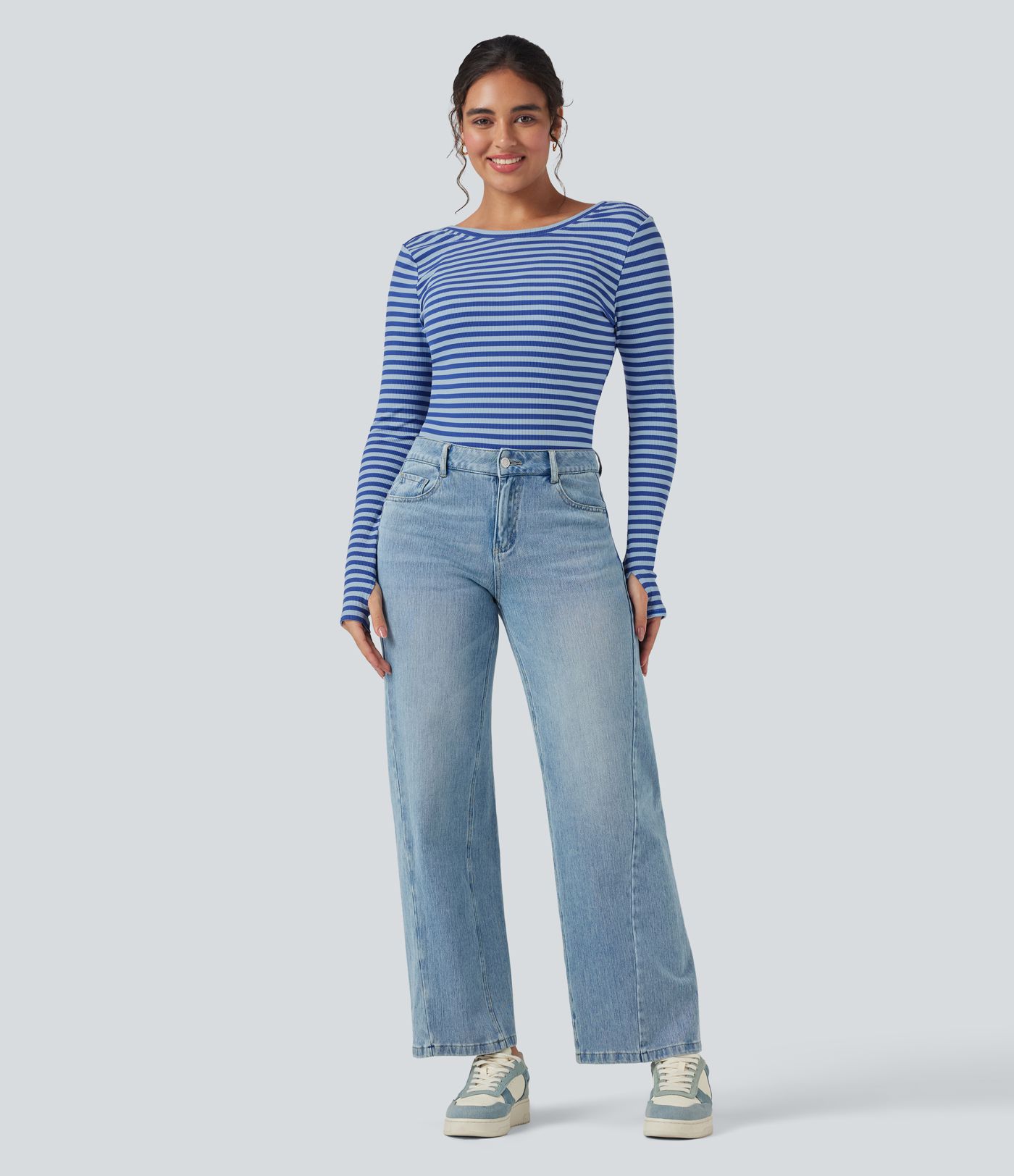 Boat Neck Long Sleeve Thumb Hole Stripe Casual Top