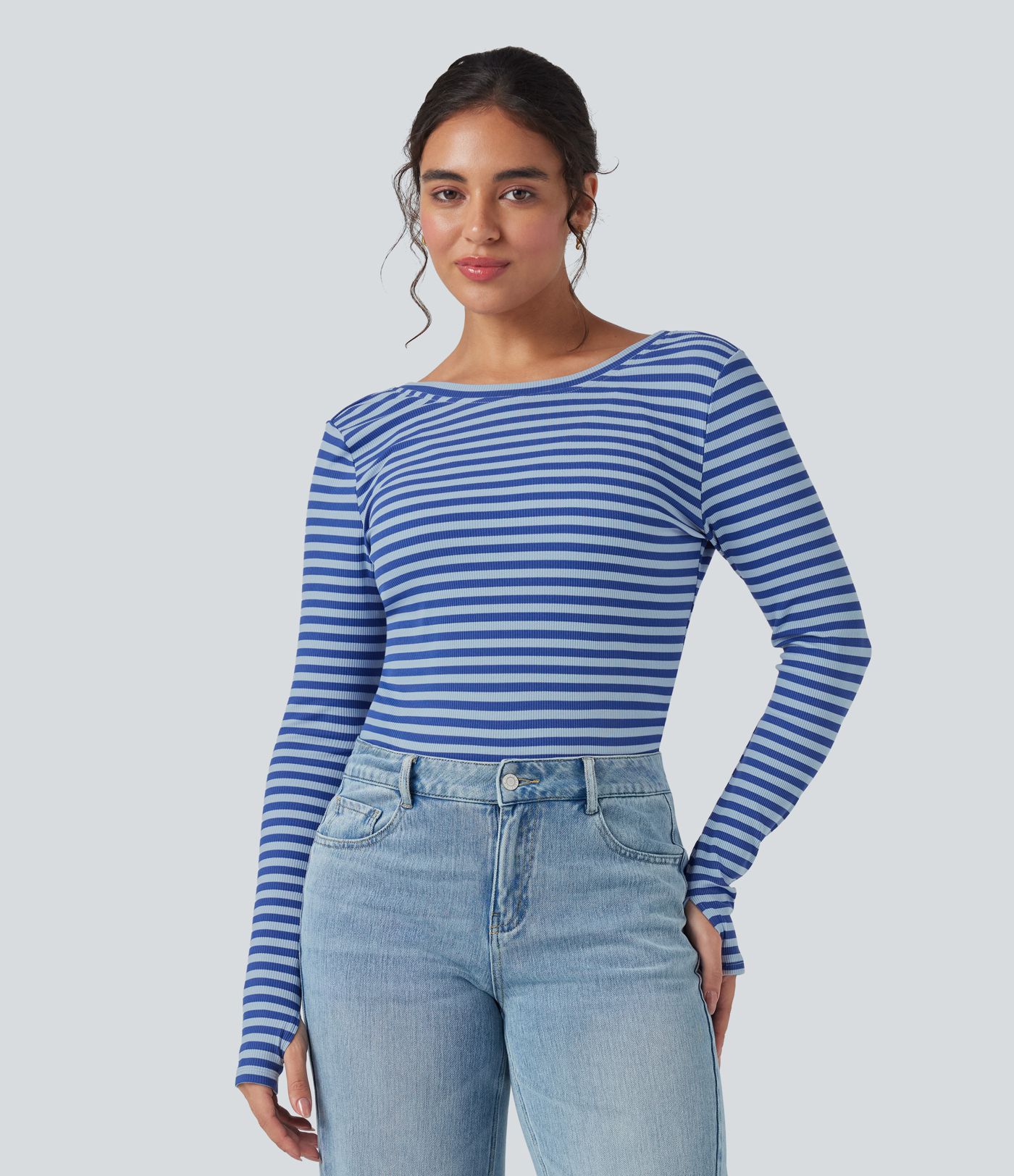 Boat Neck Long Sleeve Thumb Hole Stripe Casual Top