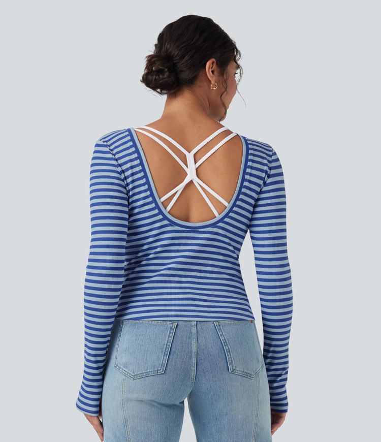 Boat Neck Long Sleeve Thumb Hole Stripe Casual Top